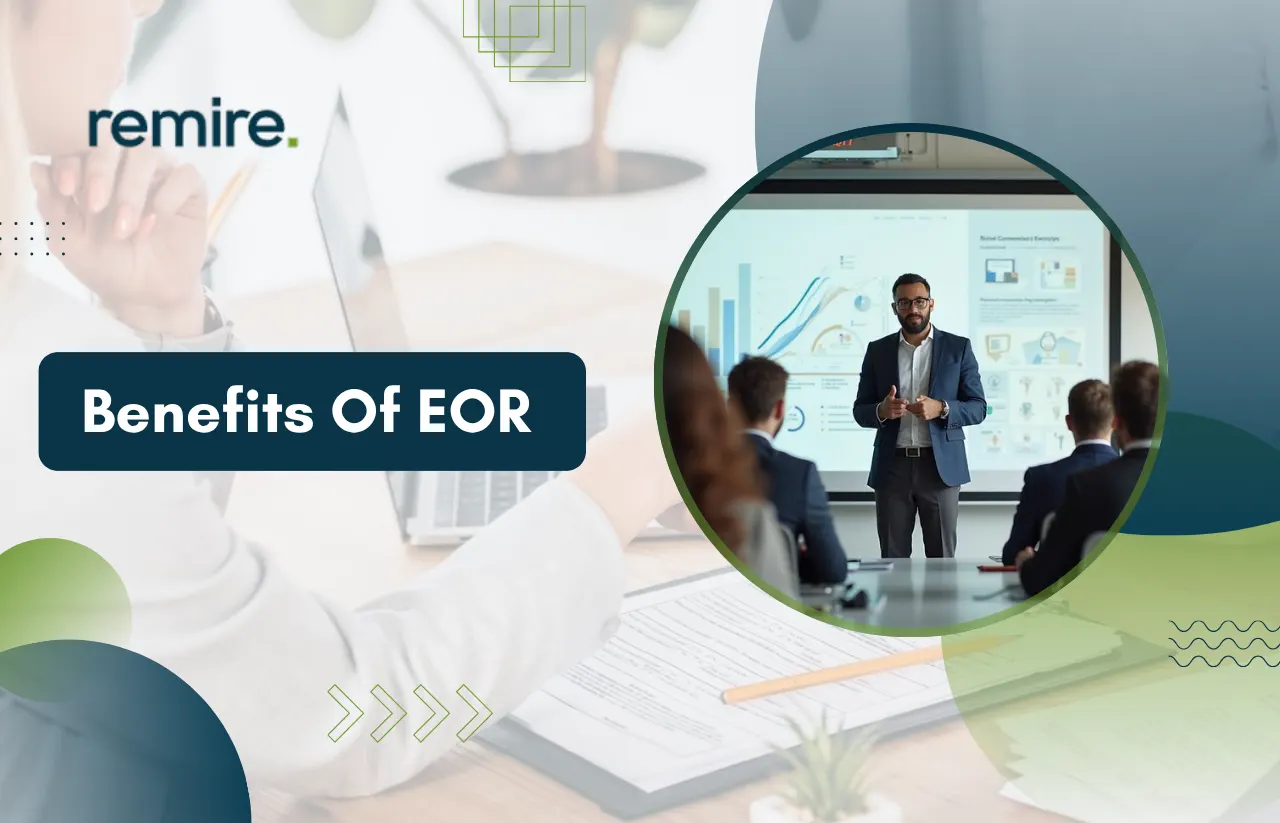 An infographic detailing the Benefits of EOR with Remire, featuring icons representing streamlined global payroll, legal risk mitigation, and international team management.