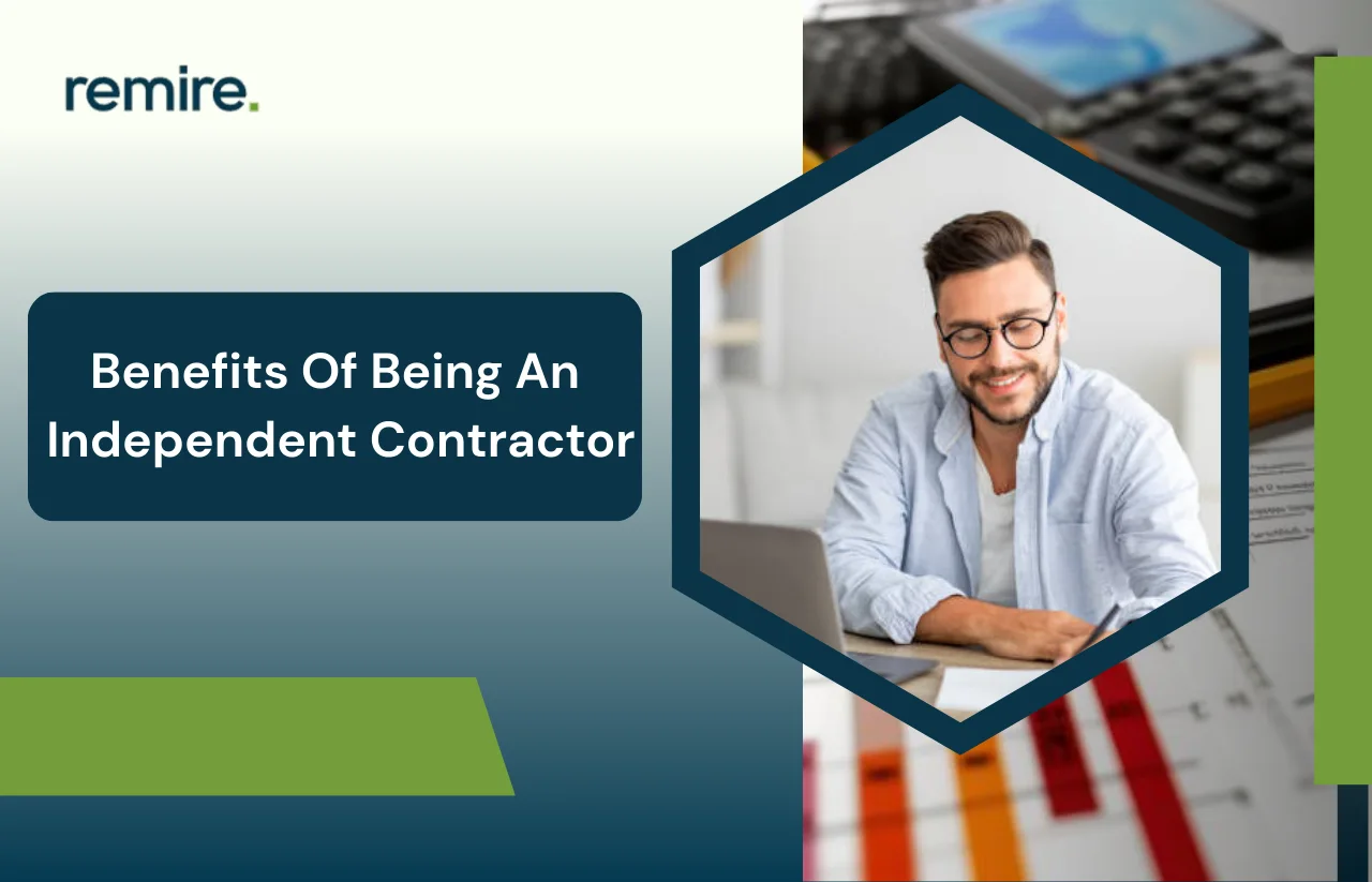 A professional banner for Remire titled "Benefits of being an independent contractor" featuring a man in glasses reviewing documents next to a computer.