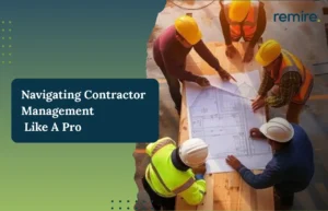 A professional banner for Remire titled "Navigating Contractor management like a pro" showing an overhead view of a team collaborating over building plans.
