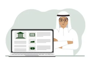 A flat-style illustration of a man in traditional Emirati attire standing behind a laptop with payroll icons, representing International Payroll Providers in UAE by Remire.