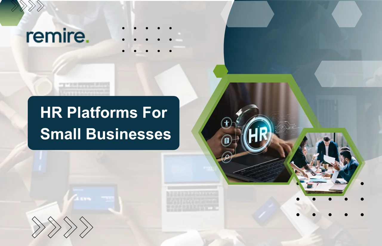Remire's guide to the best HR platforms for small businesses. The image illustrates modern human resources management through digital software interfaces and professional team collaboration."