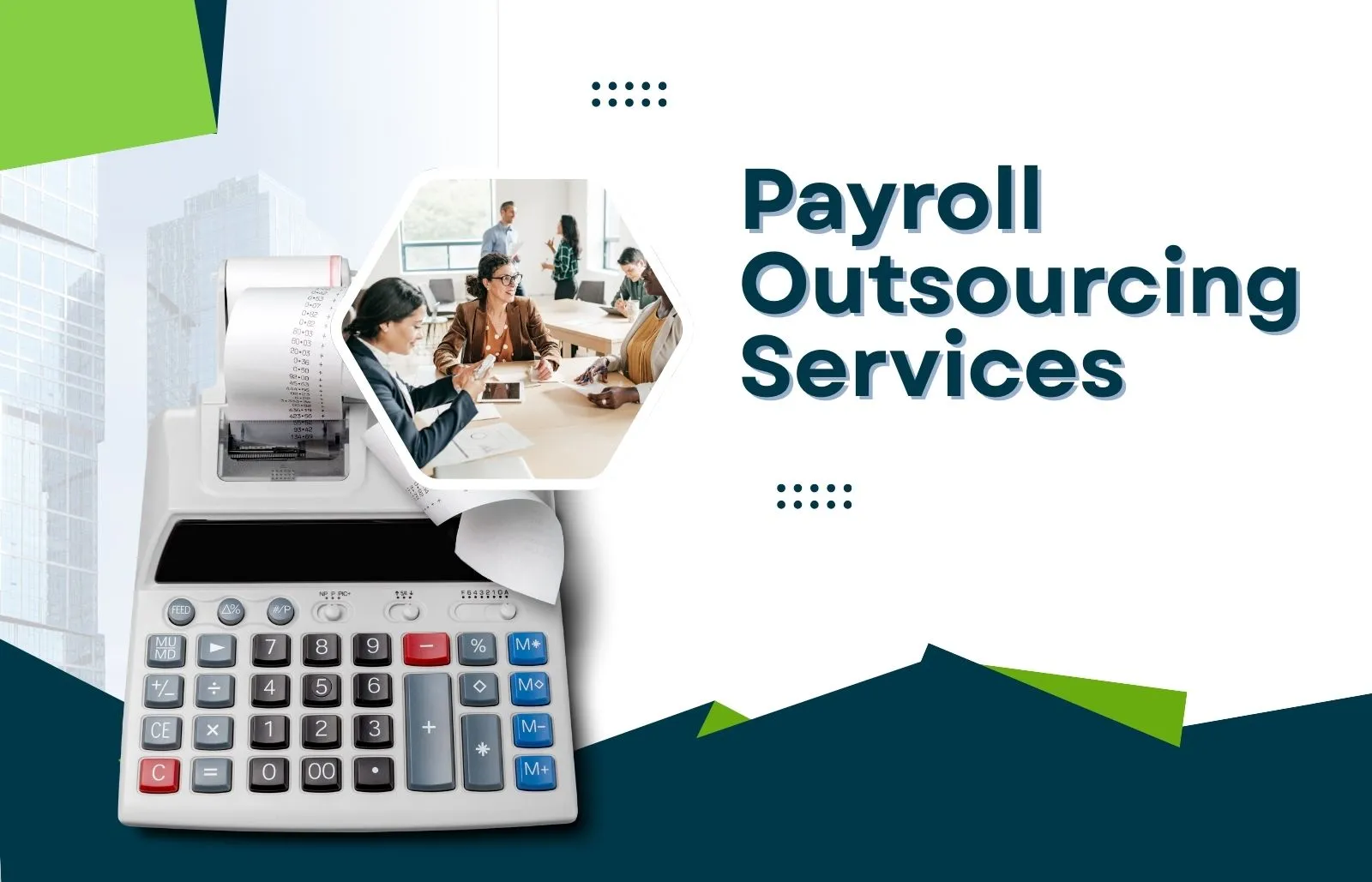 A professional office team discussing payroll tasks beside a calculator with printed receipts, representing pyaroll outsourcing services offered by Remire.