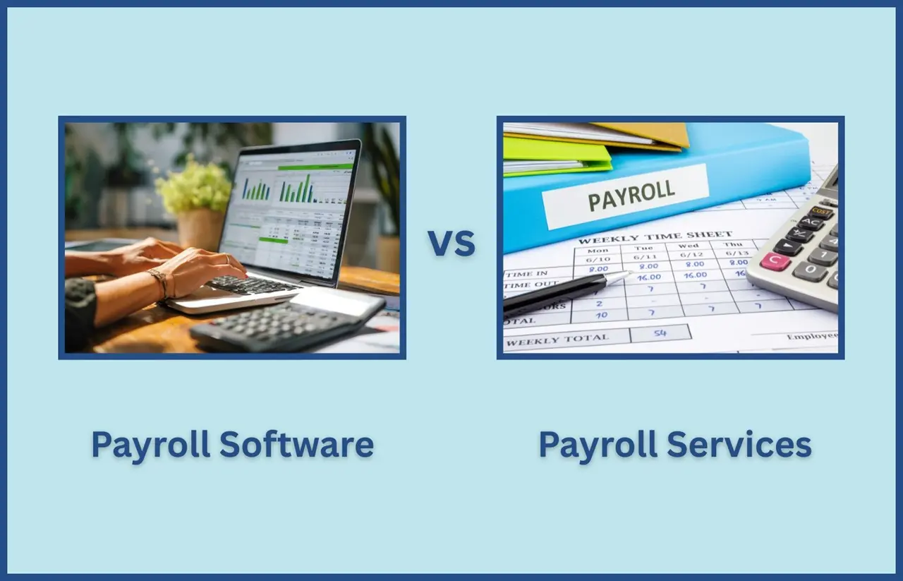 Payroll Software vs Payroll Services comparison image featuring laptop software and payroll documents, created by Remire.