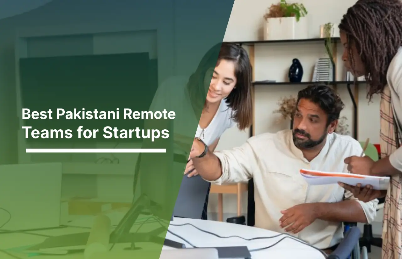 Best Pakistani Remote Teams for Startups collaborating in a modern office environment, showcasing diverse professionals reviewing documents and strategy, powered by Remire.