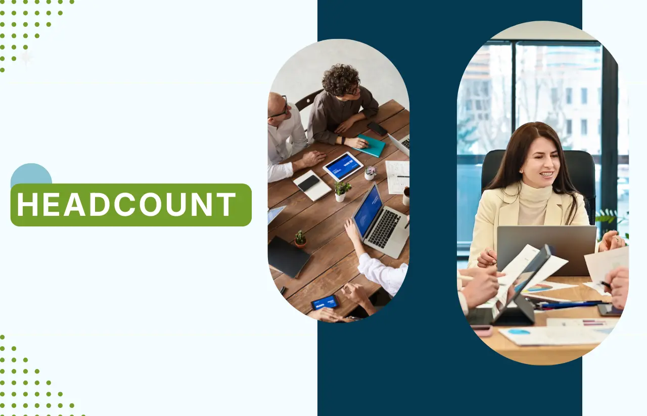 A collage by Remire representing Headcount management, featuring a birds-eye view of a team meeting around a table and a professional woman lead at a desk.