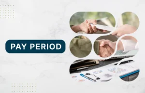 A collage by Remire illustrating the Pay Period with a close-up of hands exchanging a check, a business agreement handshake, and a clipboard with growth analytics.