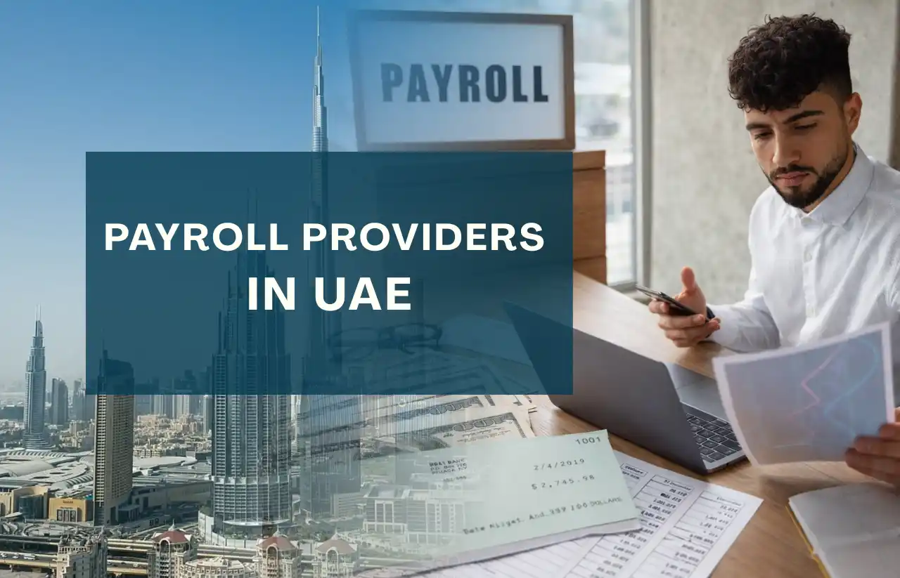 A professional workplace collage by Remire for Payroll Providers in UAE, showing a man at a laptop with a payroll check, financial spreadsheets, and a panoramic view of downtown Dubai.