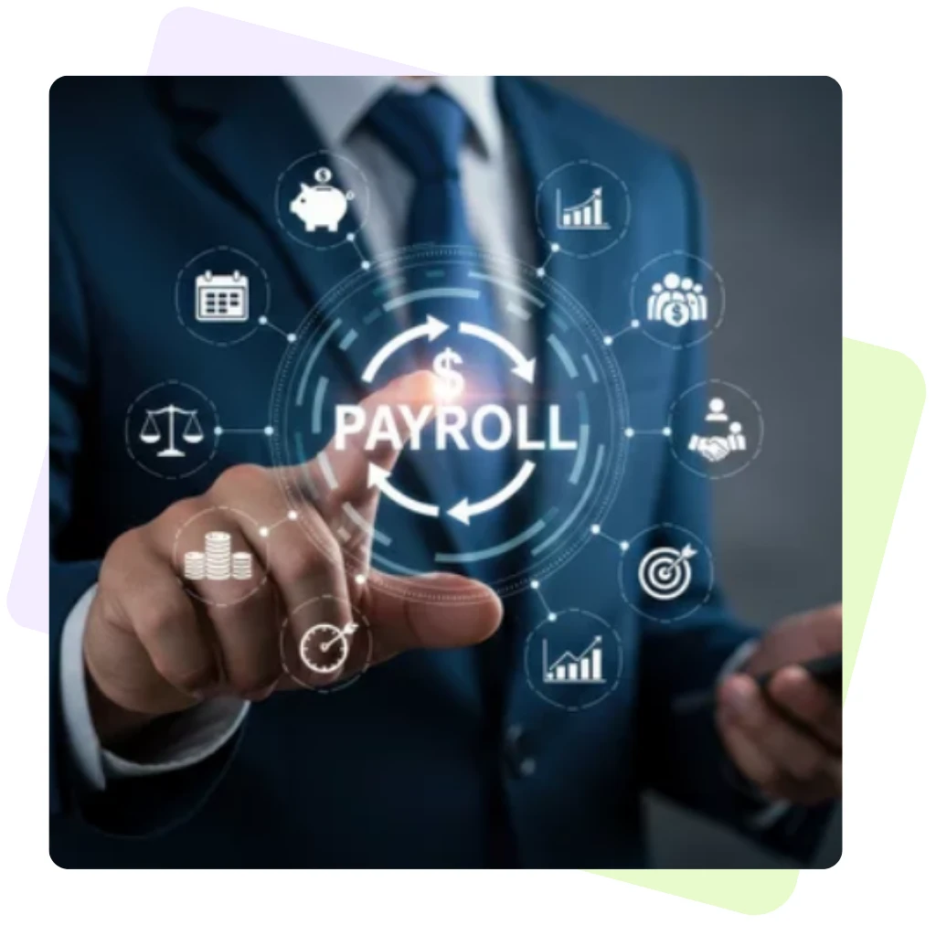 A professional in a blue suit interacting with a futuristic circular "Payroll" menu, illustrating Payroll Services Examples What Businesses Actually Use provided by Remire.