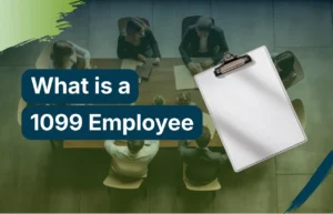 What is a 1099 Employee explained through a professional meeting scene with a clipboard representing independent contractor documentation and workforce classification, presented by Remire