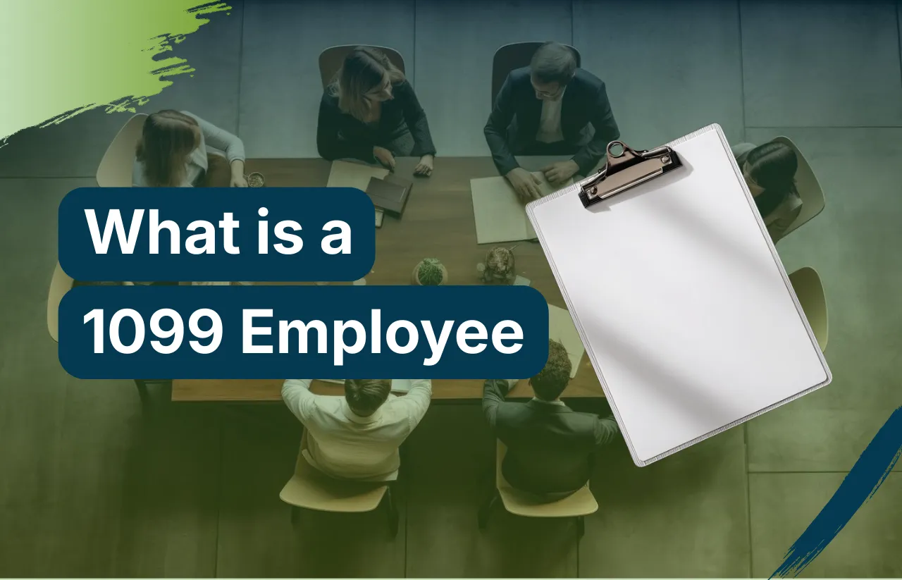 What is a 1099 Employee explained through a professional meeting scene with a clipboard representing independent contractor documentation and workforce classification, presented by Remire