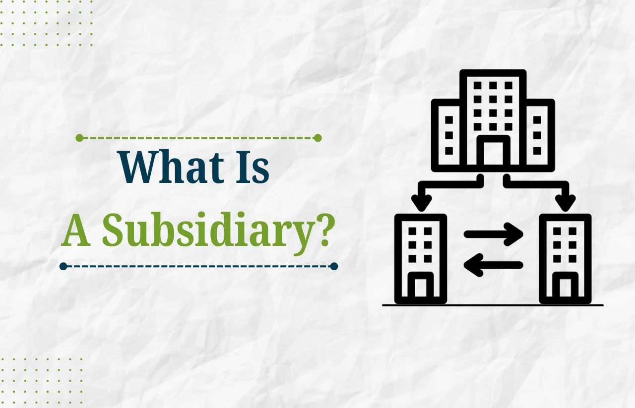 What is a Subsidiary – Remire graphic showing a parent company building connected to subsidiary companies, illustrating corporate ownership and control structure.