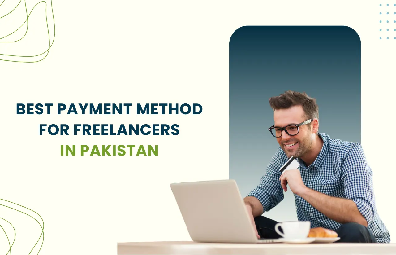 A freelancer in a checkered shirt working on a laptop while holding a payment card, illustrating Remire's guide to the Best Payment Method for Freelancers in Pakistan.