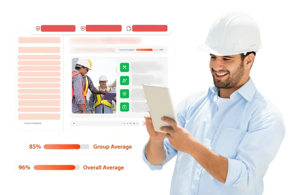 A smiling worker wearing a white safety helmet interacting with the Remire digital dashboard for Contractor Onboarding, featuring group and overall average scores.