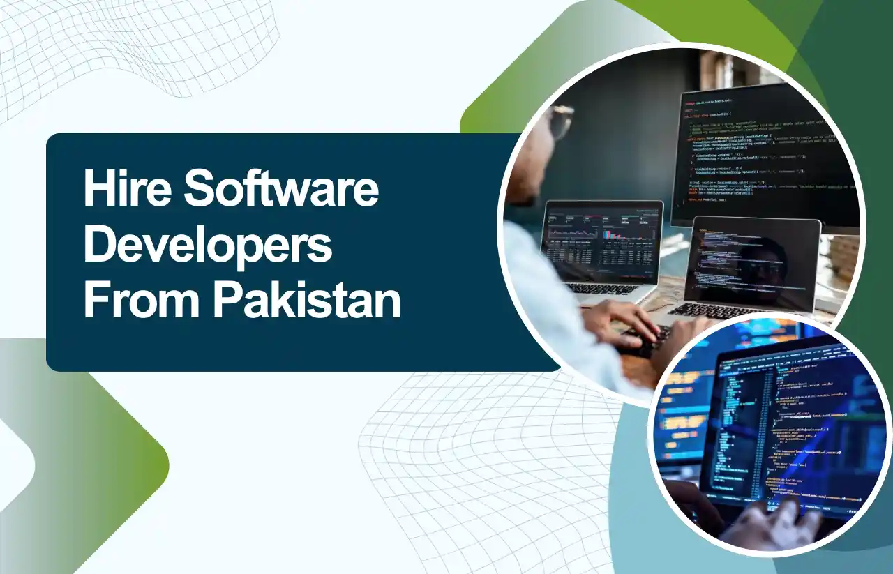 A professional graphic for Remire showing a programmer's hands on a keyboard with circular insets of data dashboards and source code, titled Hire Software Developers from Pakistan.