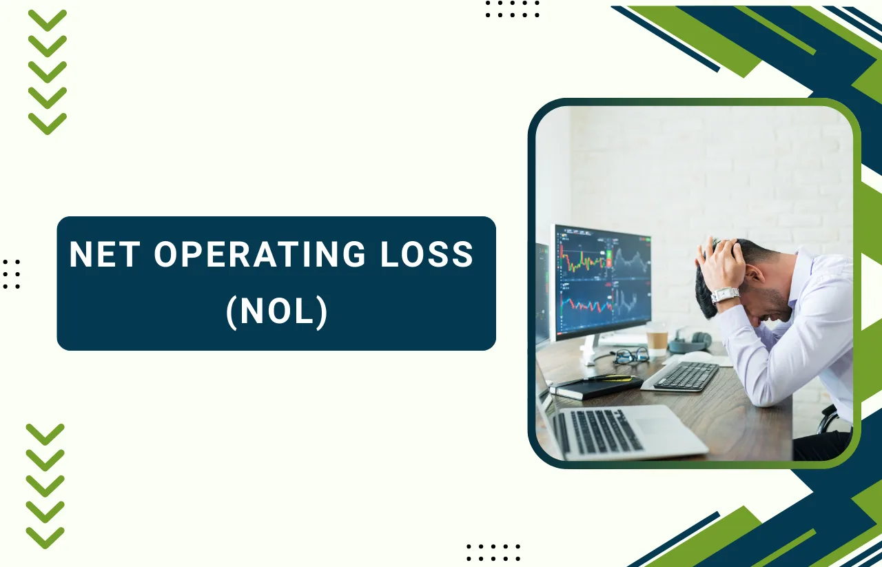 A professional in a white shirt holding his head in frustration while looking at declining stock market trends, illustrating Net_Operating_Loss_(NOL) by Remire.