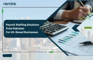 A professional banner for Remire titled "Payroll Staffing Solutions from Pakistan for US-Based Businesses" featuring business reports, a calculator, and an urban waterfront.