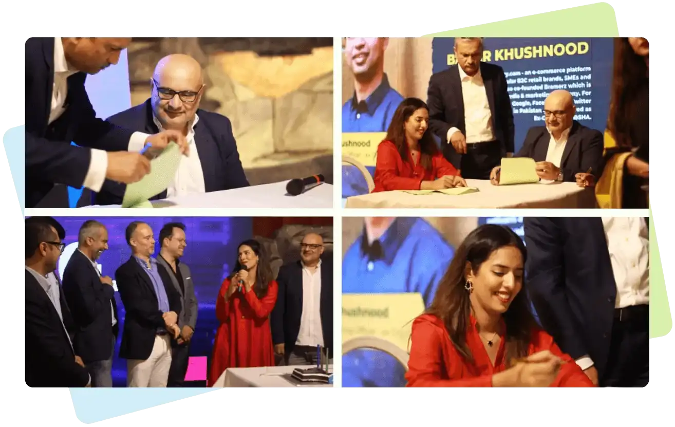 Four-panel collage depicting the Vision about Remire, featuring leadership members in red and black attire signing agreements and addressing a professional audience.