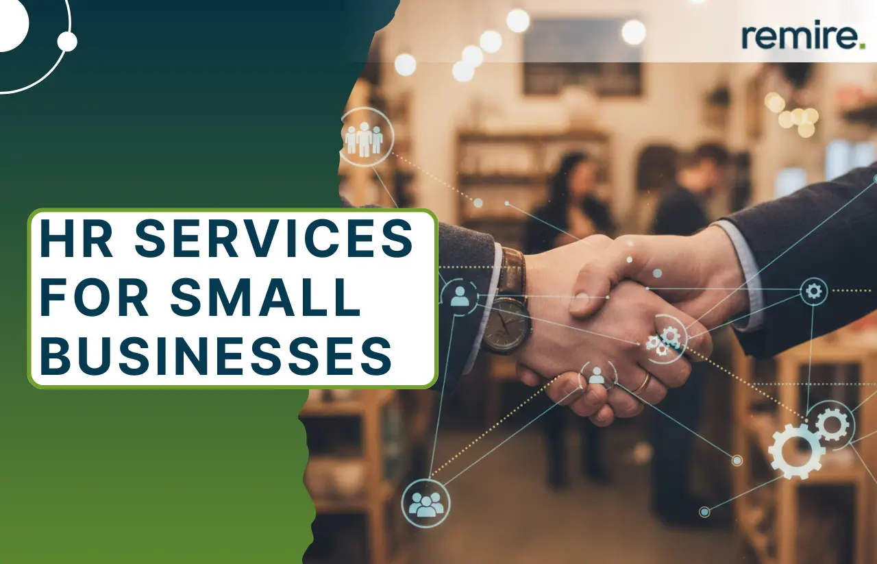 A professional banner for Remire titled "HR Services for Small Businesses" featuring a close-up of a handshake and digital icons representing a connected workforce.