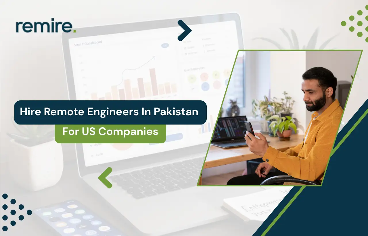 A professional banner for Remire titled "Hire Remote Engineers in Pakistan for US Companies" featuring an engineer using a smartphone and laptop to manage remote development tasks.