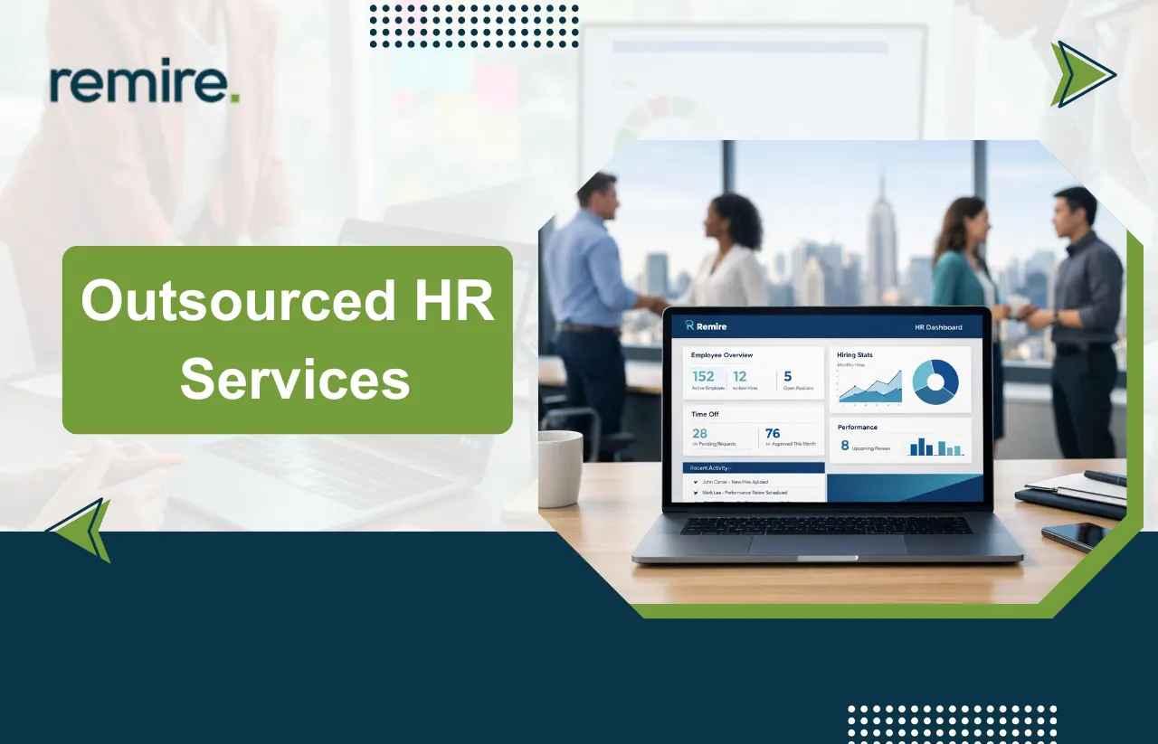 A professional banner for Remire titled "Outsourced HR Services" featuring a digital human resources management interface and a blurred background of a business team.