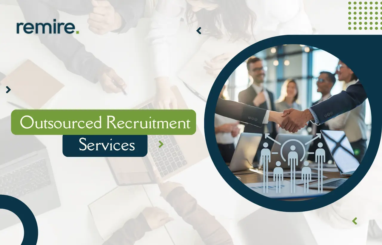 A professional banner for Remire titled "Outsourced Recruitment Services" featuring a circular image of a business team and a handshake over a digital talent pipeline icon.