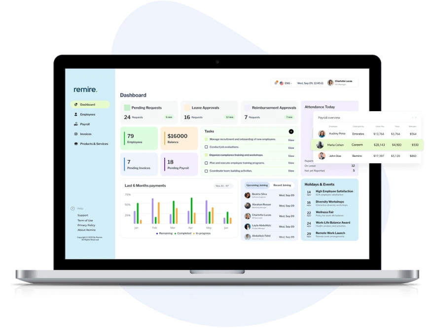 A professional view of the Remire interface answering the question "Why Choose Remire," featuring a clean data dashboard with automated tasks and upcoming team events.