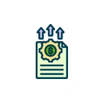 Remire Automated Payroll and Benefits Administration icon showing a document with a dollar gear and rising arrows, representing efficient payroll growth and processing.