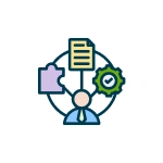 Remire Compliance Management icon showing an employee avatar connected to a document, a puzzle piece, and an automated checkmark gear, representing seamless HR integration.