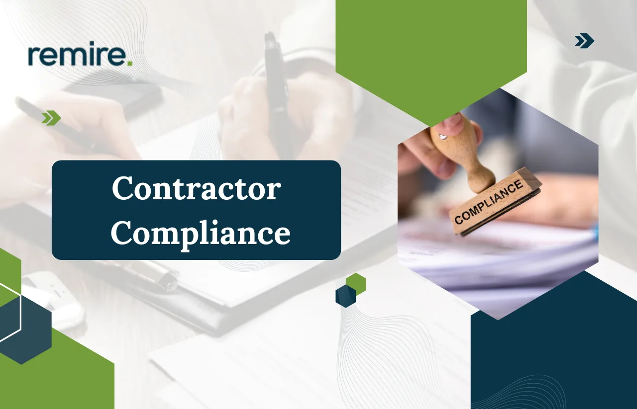Banner image for *Contractor Compliance* featuring a compliance stamp marking documents on a desk, with professional paperwork in the background and green geometric design elements. The brand name *Remire.co* appears in the top left corner.