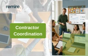 Remire "Contractor Coordination" promotional image showcasing team synergy and data-driven project management within a modern corporate environment.