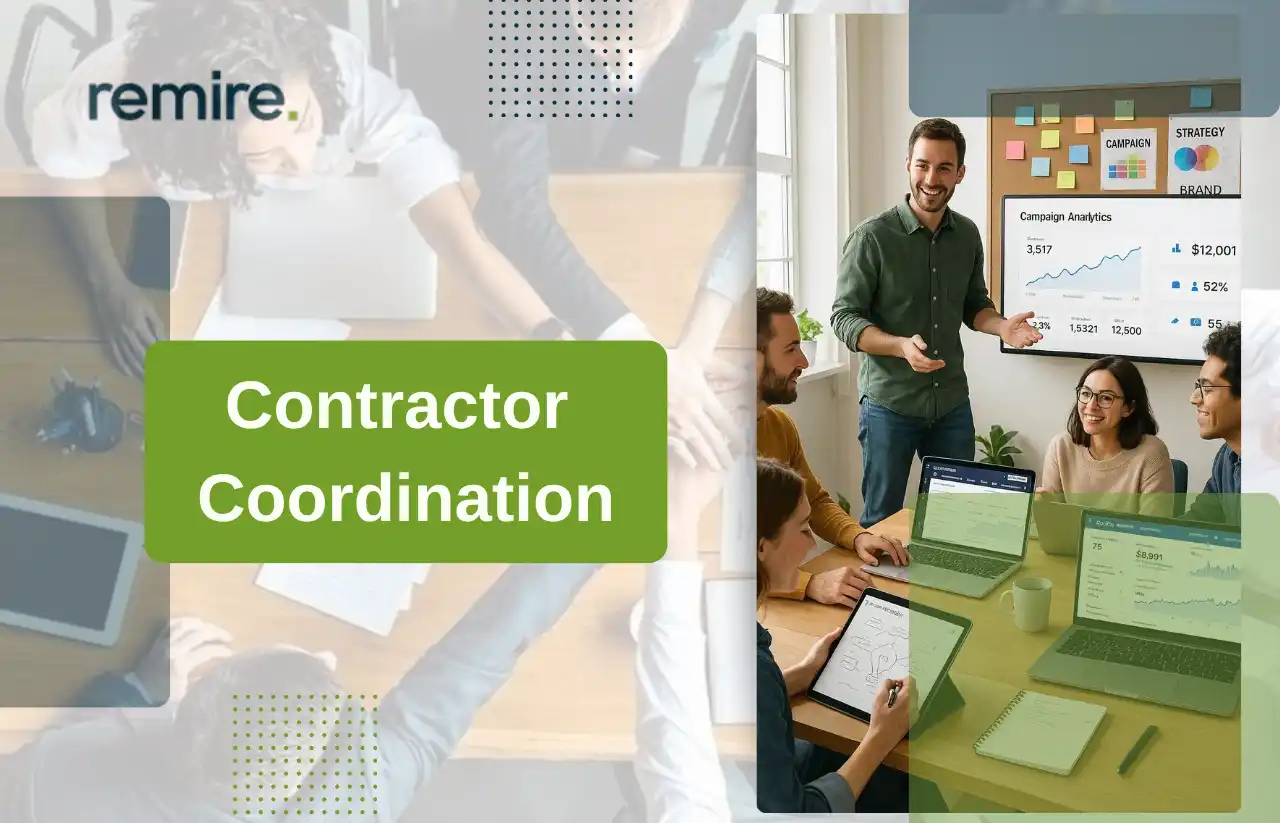 Remire "Contractor Coordination" promotional image showcasing team synergy and data-driven project management within a modern corporate environment.