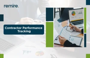 Remire’s Contractor Performance Tracking banner showing an analyst reviewing financial reports and data visualizations on a laptop and printed documents.
