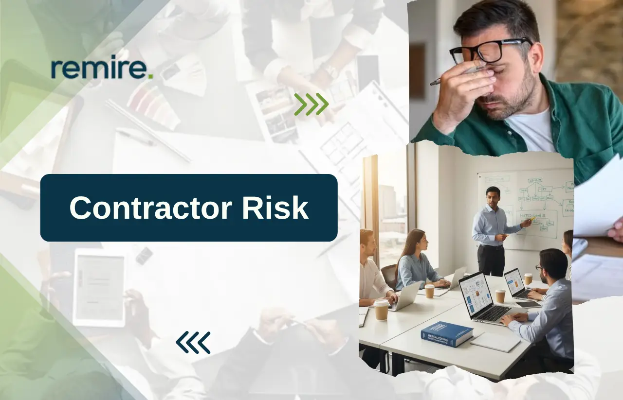 Remire "Contractor Risk" promotional image highlighting the challenges of workforce management and the strategic solutions used to mitigate project risks.