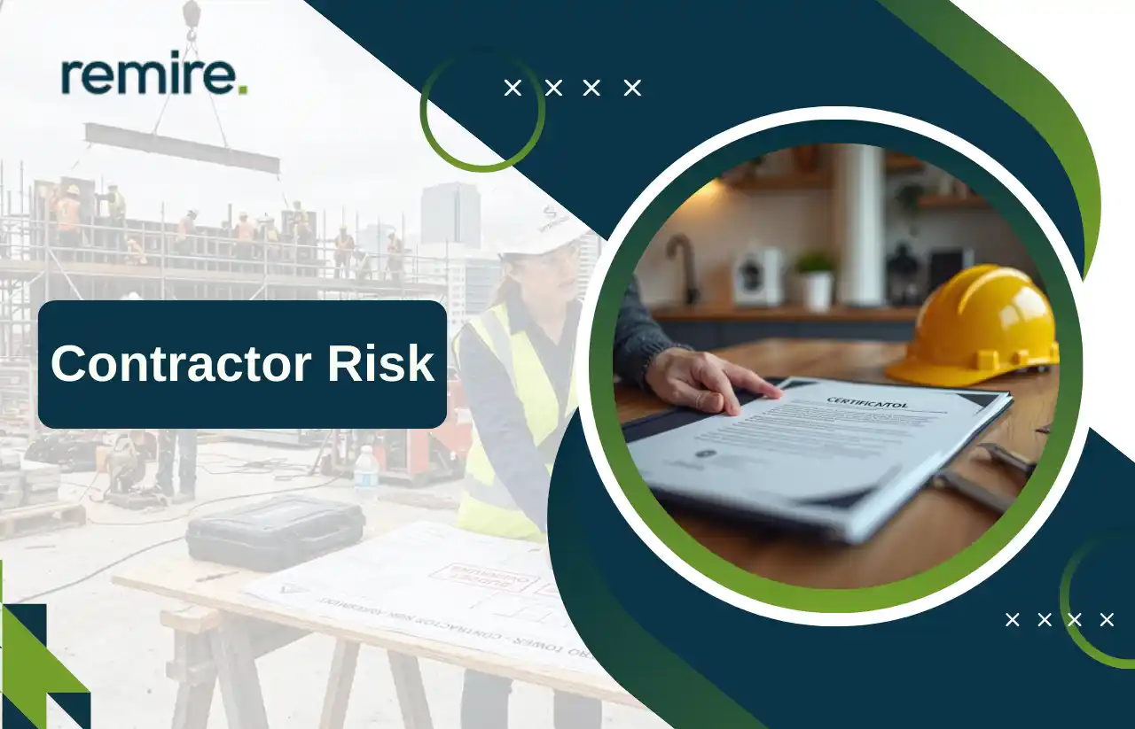 Remire’s promotional graphic for contractor risk mitigation, showing on-site construction activities, safety inspections, and legal certification documents.