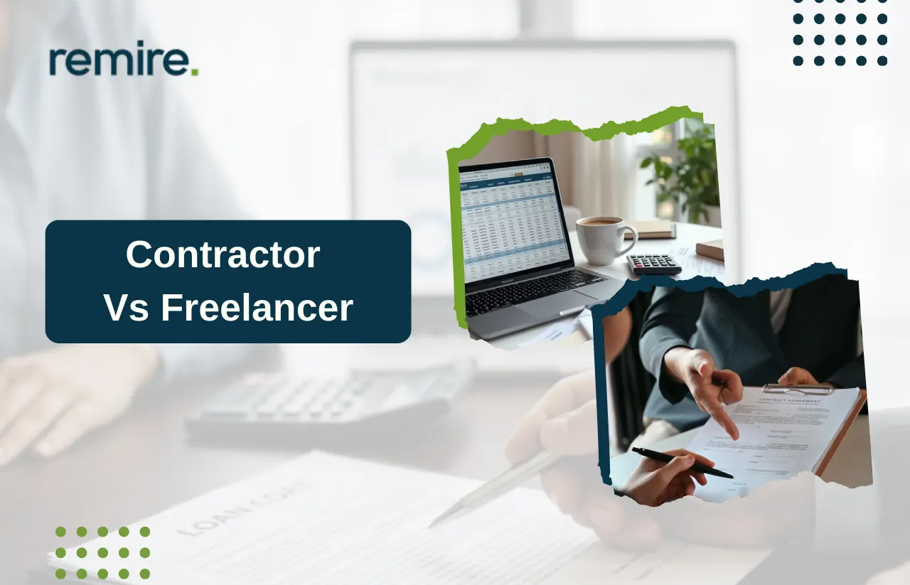 A professional banner for Remire titled "Contractor vs Freelancer," with inset images showing a calculator, business documents, and a formal agreement being signed.
