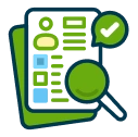 Remire HRIS icon showing a digital employee record being analyzed under a magnifying glass with a green checkmark of approval.