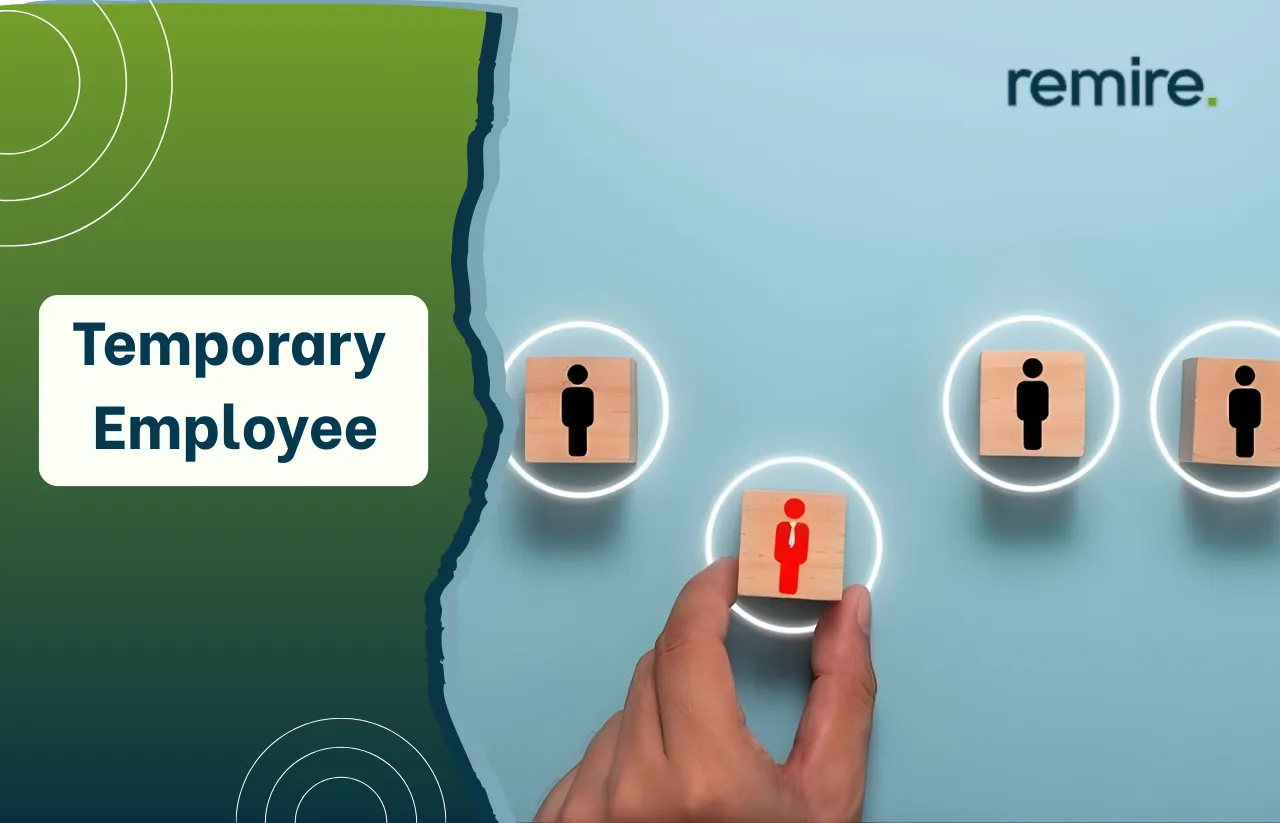 Temporary employee concept showing a hand selecting a highlighted worker icon among other employee blocks, representing flexible hiring and workforce management by Remire.co.