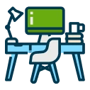 Remire workspace solutions icon displaying a complete desk setup with a computer and office accessories, representing full remote work enablement.