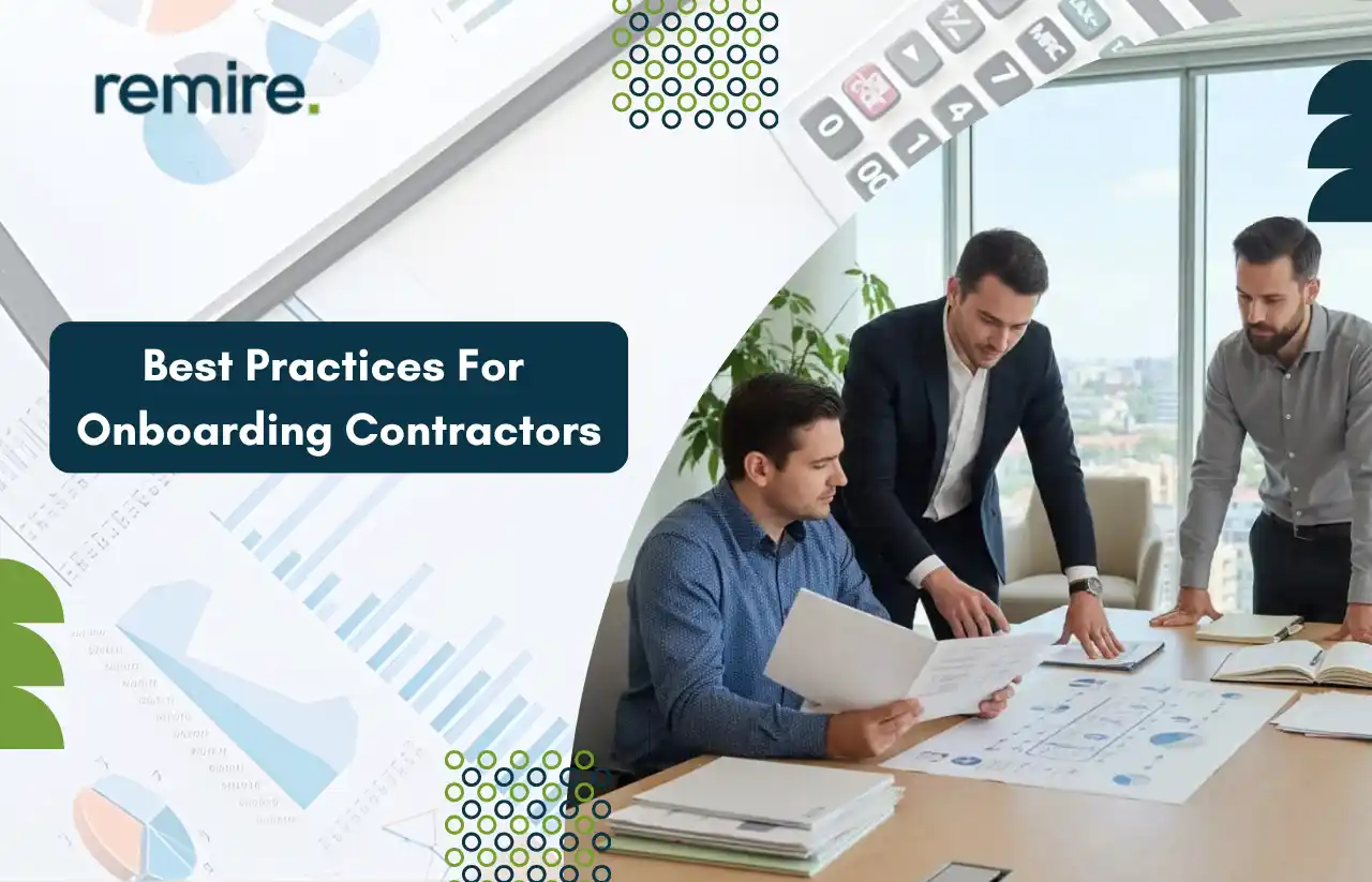 Three colleagues sitting at a table reviewing business documents, illustrating the professional approach Remire takes toward Best Practices for Onboarding Contractors.