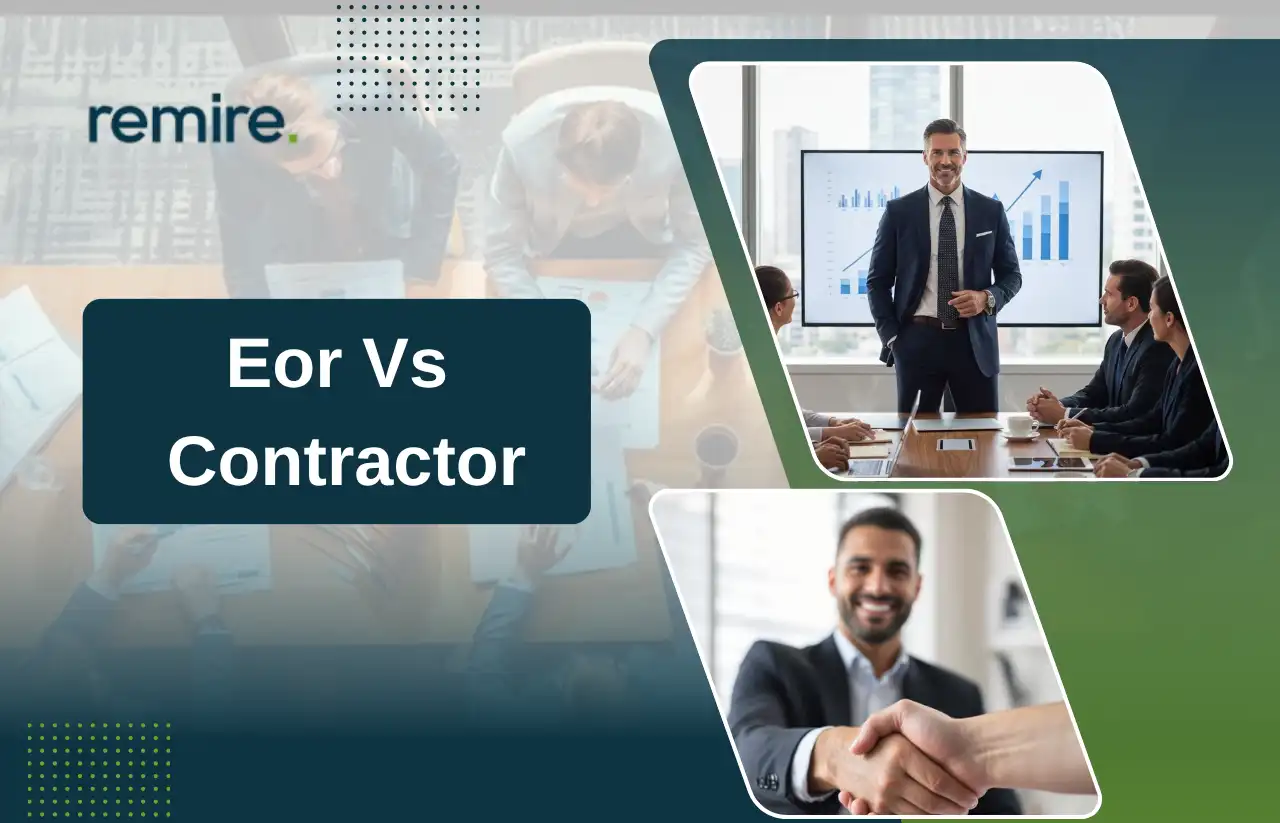Remire promotional graphic labeled "Eor Vs Contractor". The layout features a faded background of a team in a meeting, with two clear inset images on the right showing a corporate presentation and a professional business handshake.