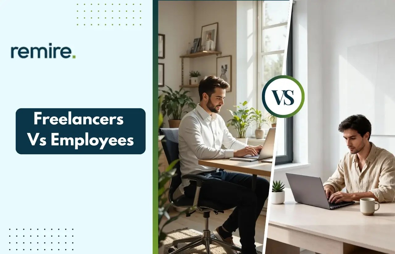 Remire.CO comparison banner: Freelancers Vs Employees, illustrating the difference between remote work and traditional office environments.