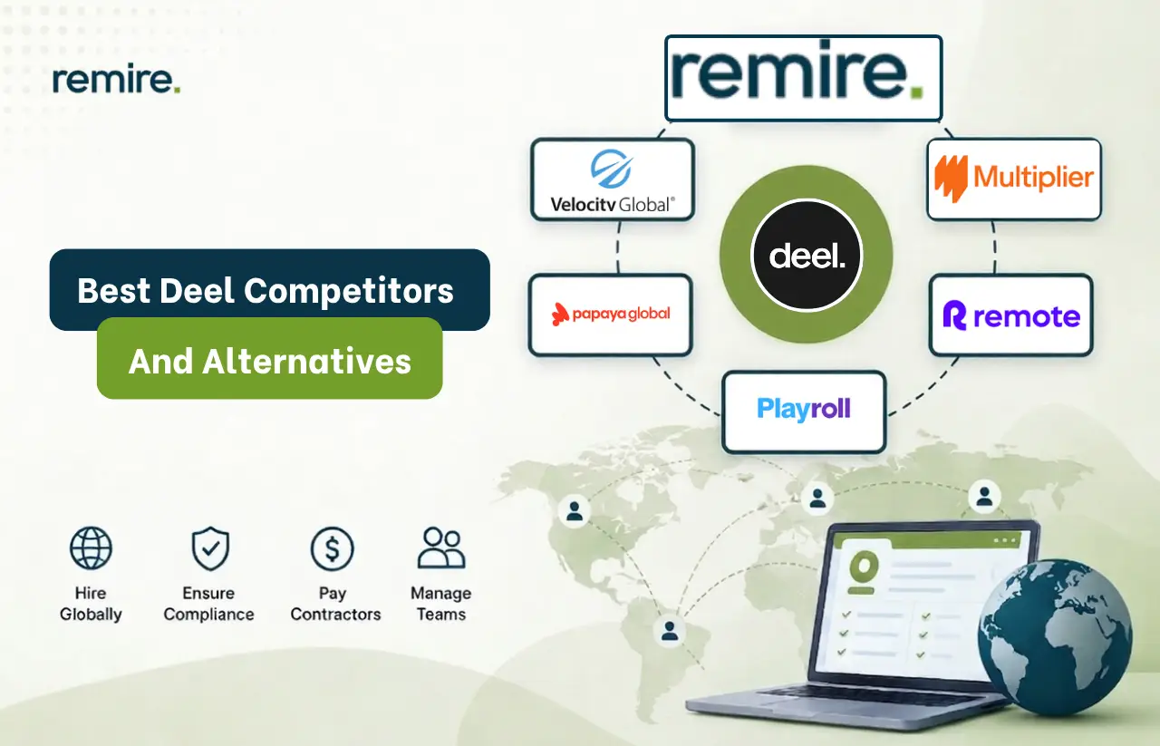An informative corporate banner by Remire reviewing the Best Deel Competitors and Alternatives, displaying a modern dark-themed user interface focused on global payroll and workforce management metrics.