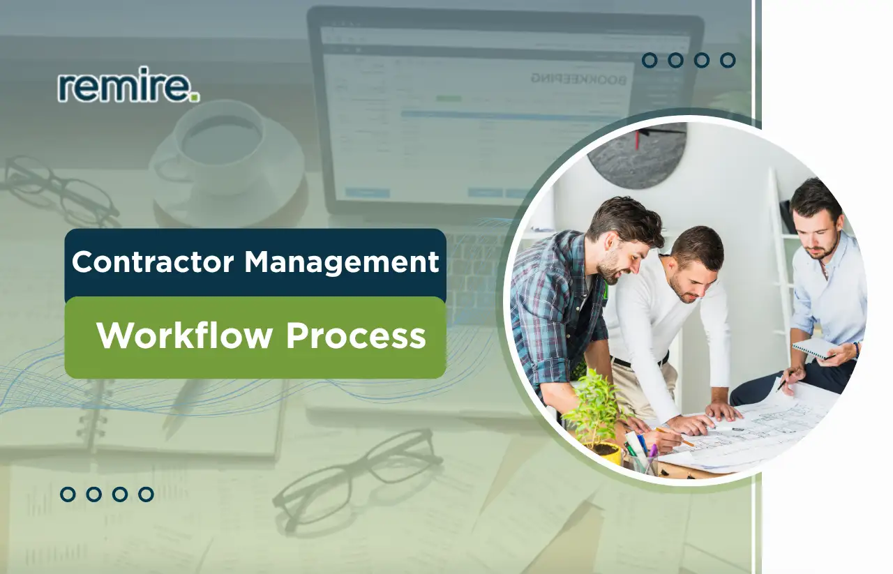 A professional team of architects and engineers reviewing project blueprints, illustrating the collaborative Contractor Management Workflow Process powered by Remire.