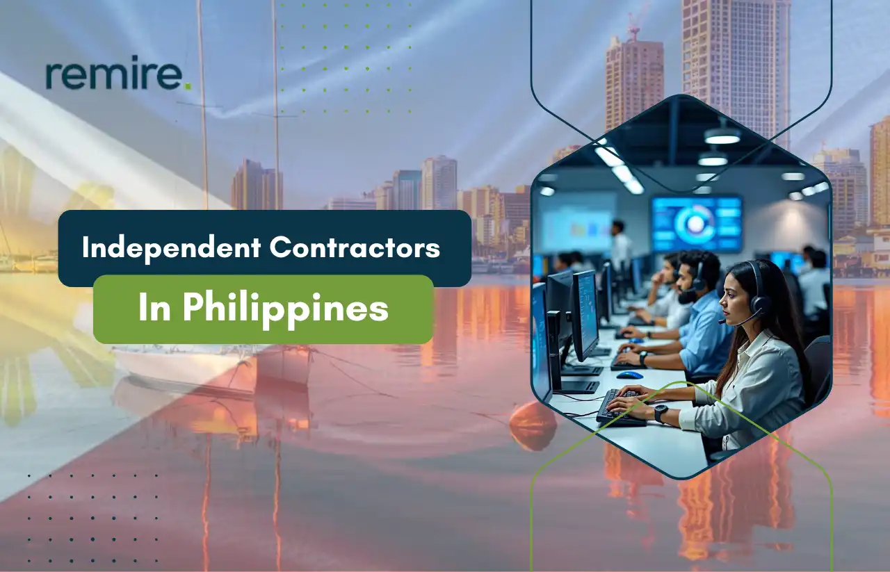 A professional banner by Remire titled "Independent Contractors in Philippines," featuring a coastal city skyline and a team of tech professionals working in a modern office.