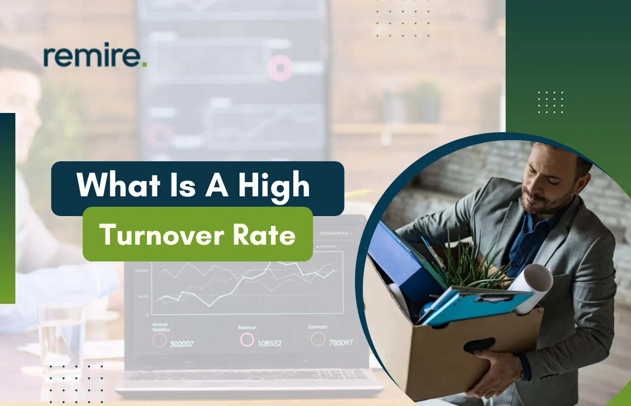 An informative feature graphic by Remire explaining What Is a High Turnover Rate, showcasing an employee carrying a box of personal belongings next to an office laptop displaying workforce statistics.