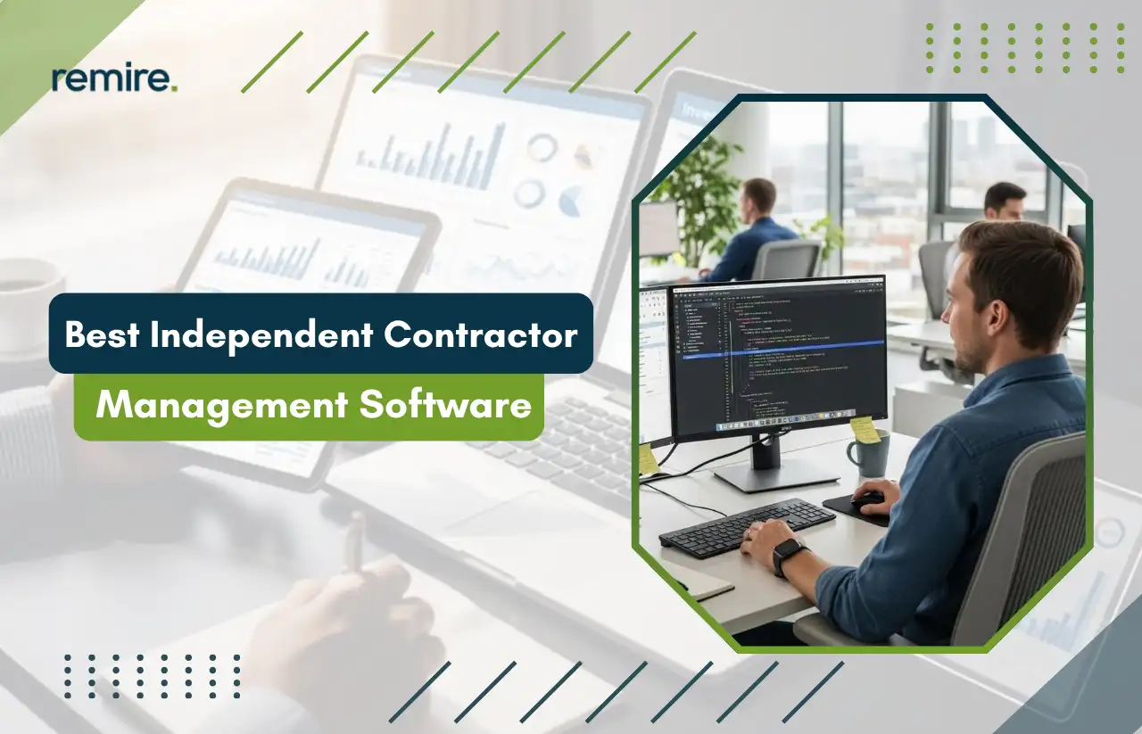 A promotional corporate banner for the Best Independent Contractor Management Software by Remire, featuring a software developer working at a desk with an lines-of-code display alongside data analytics dashboard graphics.