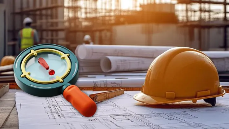 A legal compliance graphic representing a "Contractor Misclassification Case Study" by Remire, featuring an orange hard hat and an orange-handled magnifying glass focusing on a red exclamation mark warning icon. The objects rest on construction blue prints and architectural plans, with a blurred active construction site and workers in safety vests in the background.