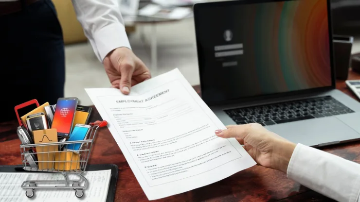 A professional workplace graphic representing an "Ecommerce Employer of Record Case Study" by Remire, showing one person passing a printed "Employment Agreement" document to another over a desk. A miniature wire shopping cart filled with tiny smartphones and cardboard boxes rests on the left, next to an open laptop displaying a login screen.
