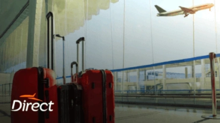 A professional case study graphic for Remire titled "How Direct Scaled its IT Operations with Remire's EOR," featuring the Direct logo alongside travel luggage and an airplane at a modern airport.