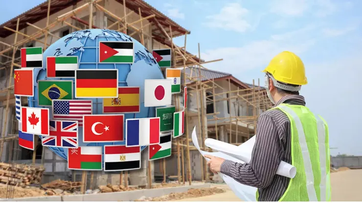 A professional concept image for global Infrastructure Contractor Onboarding by Remire, featuring a construction worker in a safety vest and hardhat holding blueprints while looking toward a large blue globe wrapped in international flags in front of a building under construction.